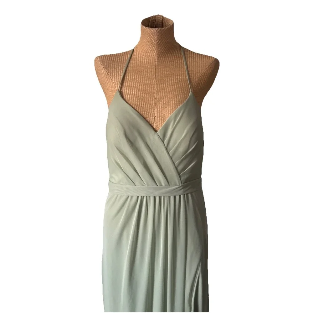 Azazie Dress V Neck Dusty Sage Green Formal Maxi Gown‎ Bridesmaid Fits Like 10